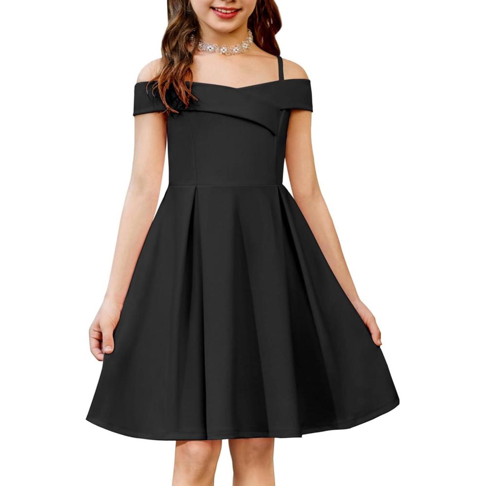 image:imageArshiner Girls Summer Dress Off Shoulder Fold Pleated Formal Elegant ALine Party Dresses with PocketBlack