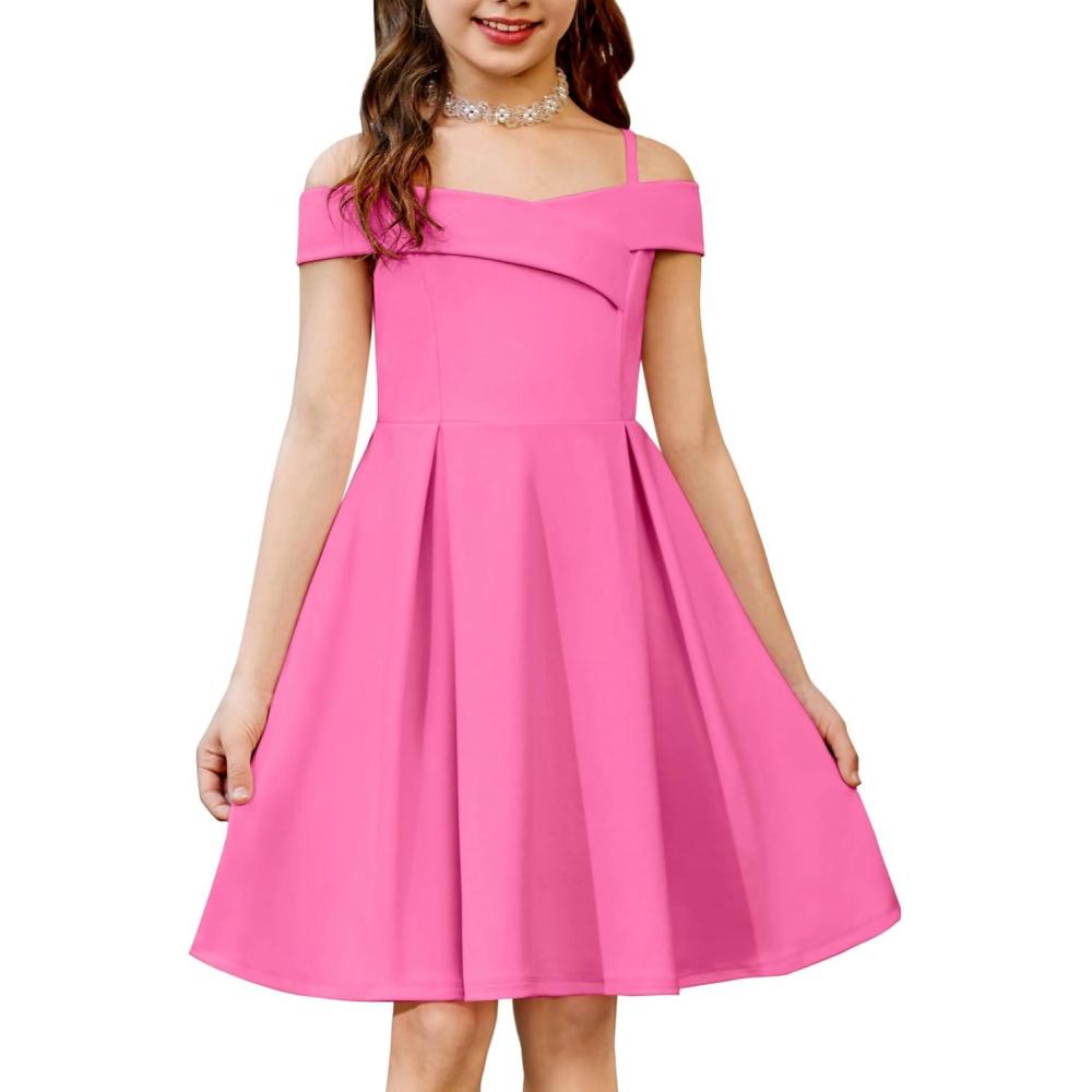 image:imageArshiner Girls Summer Dress Off Shoulder Fold Pleated Formal Elegant ALine Party Dresses with PocketHot Pink