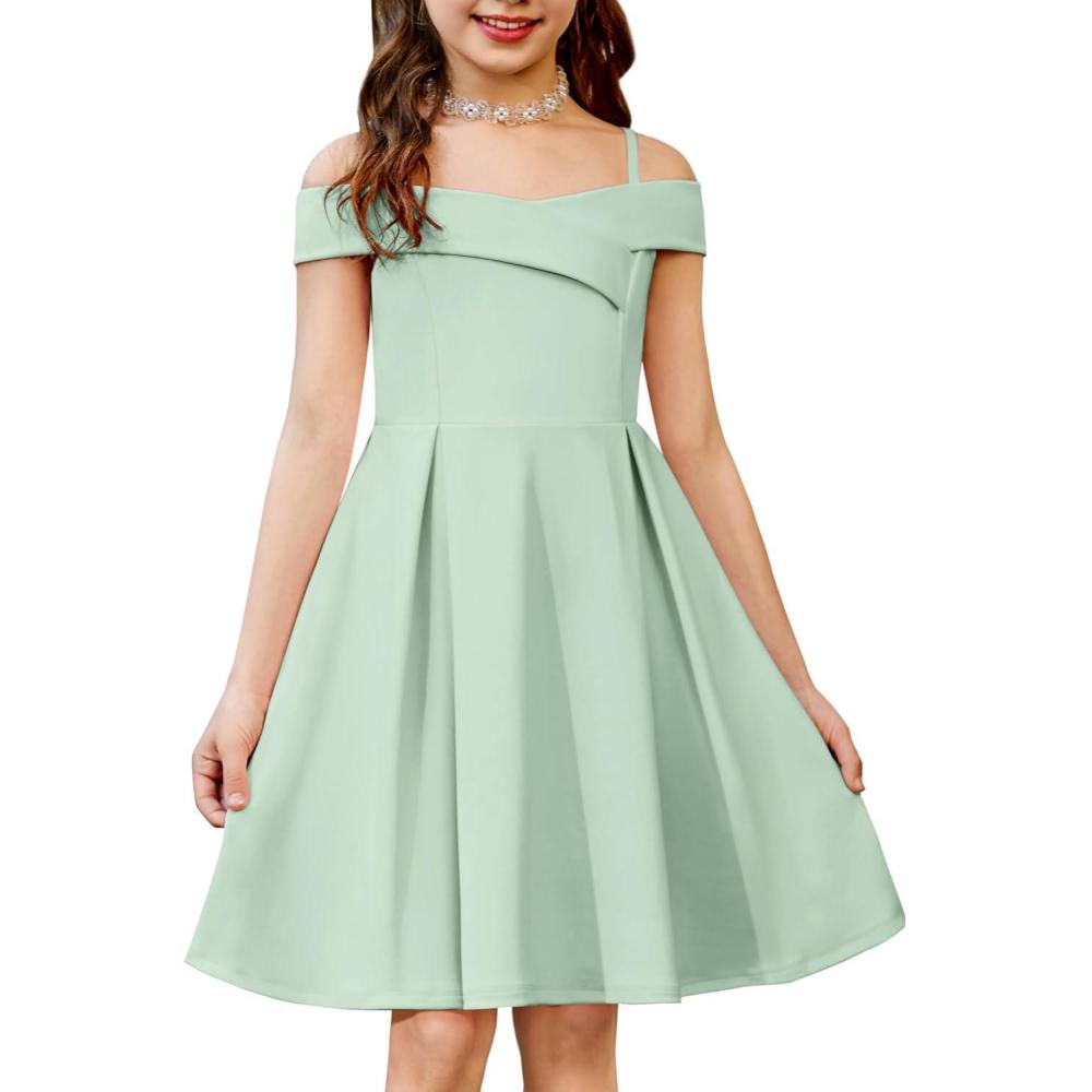 image:imageArshiner Girls Summer Dress Off Shoulder Fold Pleated Formal Elegant ALine Party Dresses with PocketLight Green
