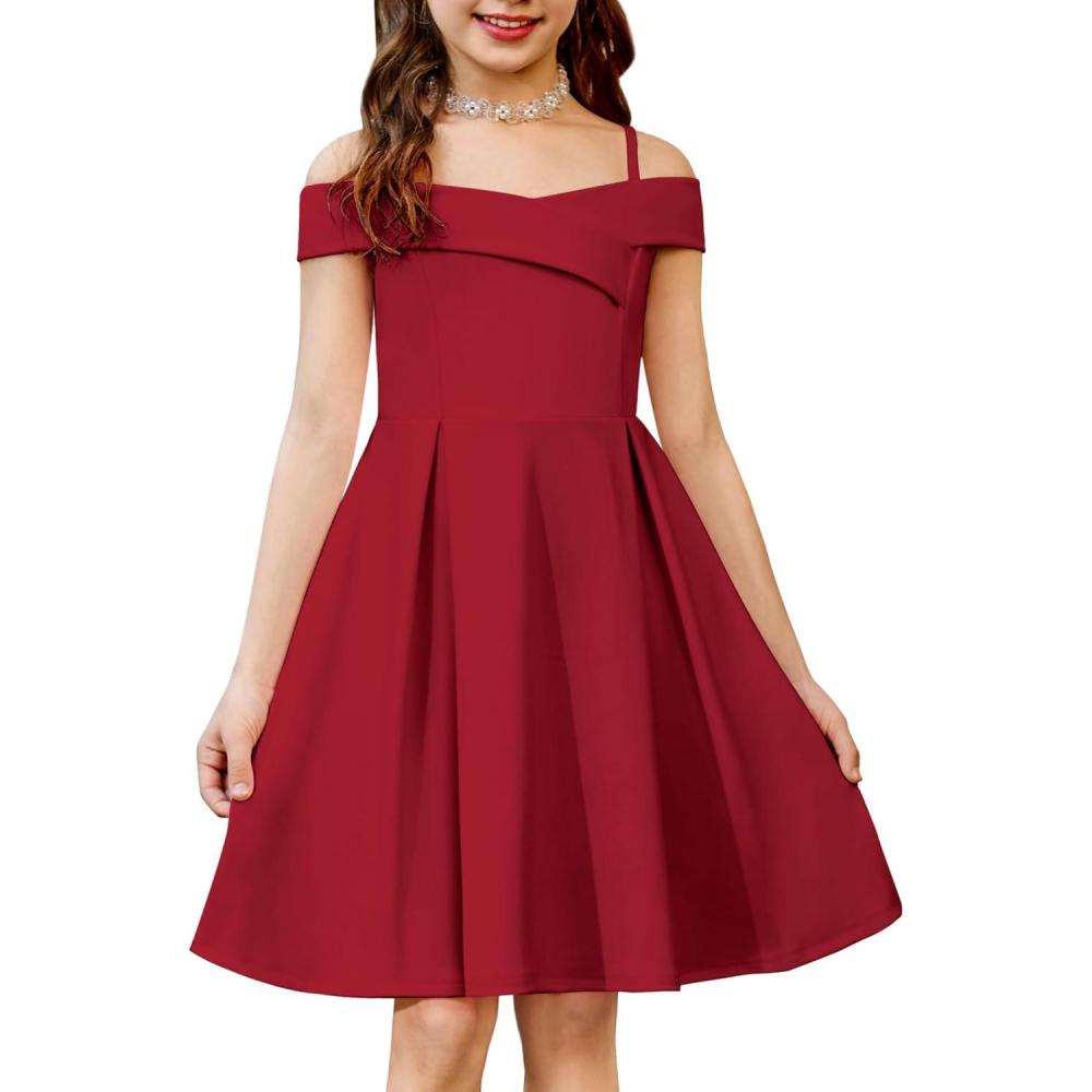 image:imageArshiner Girls Summer Dress Off Shoulder Fold Pleated Formal Elegant ALine Party Dresses with PocketRed