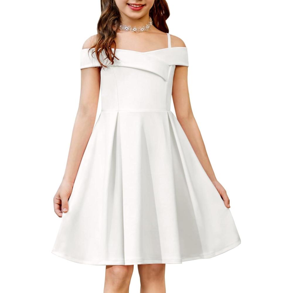 image:imageArshiner Girls Summer Dress Off Shoulder Fold Pleated Formal Elegant ALine Party Dresses with PocketWhite