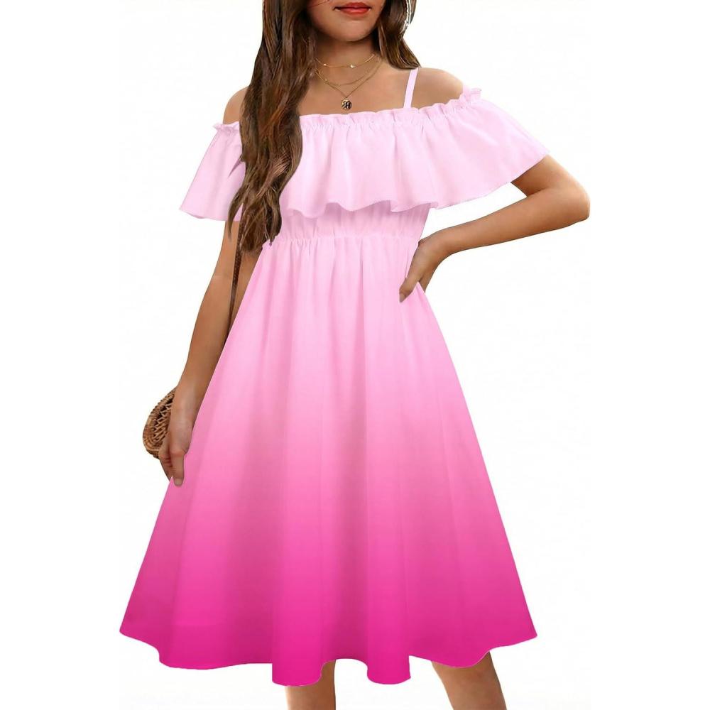 image:imageArshiner Girls Summer Floral Ruffle Sundress Cold Shoulder Casual Holiday DressesRose Red Gradient