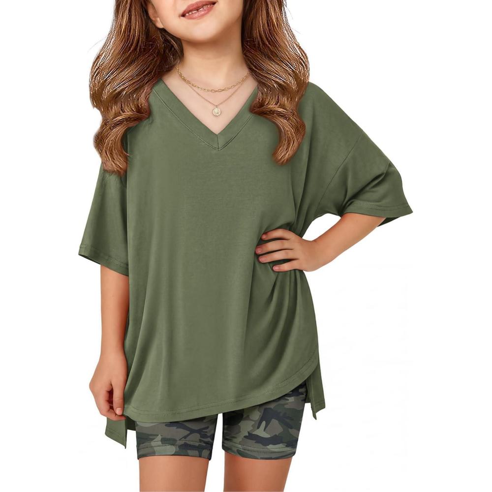 image:imageArshiner Girls Summer Outfits 2 Piece Sets Oversized V Neck Side Split Shirts and Biker Shorts Athletic Sets Workout OutfitsCamo