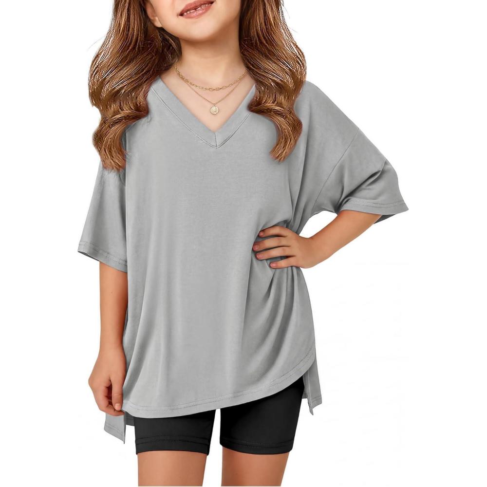 image:imageArshiner Girls Summer Outfits 2 Piece Sets Oversized V Neck Side Split Shirts and Biker Shorts Athletic Sets Workout OutfitsGrey Black