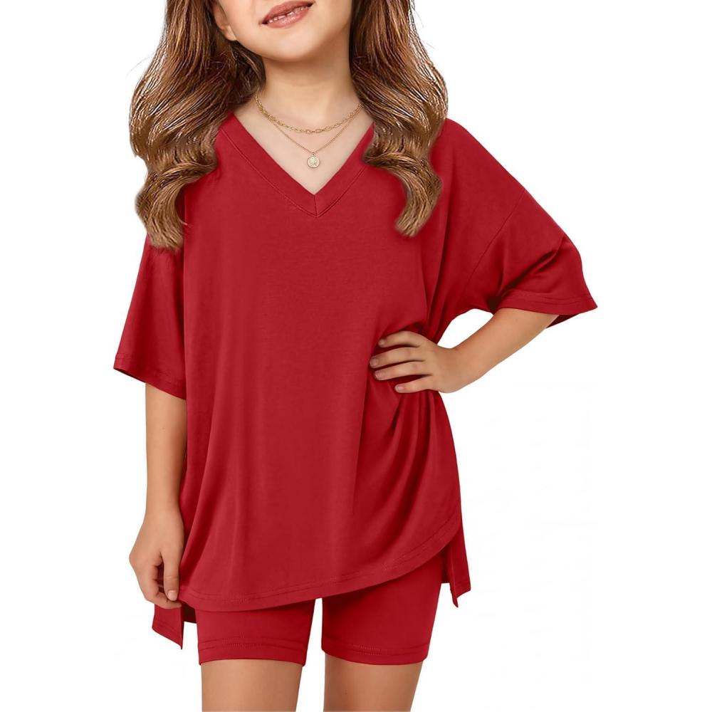 image:imageArshiner Girls Summer Outfits 2 Piece Sets Oversized V Neck Side Split Shirts and Biker Shorts Athletic Sets Workout OutfitsRed