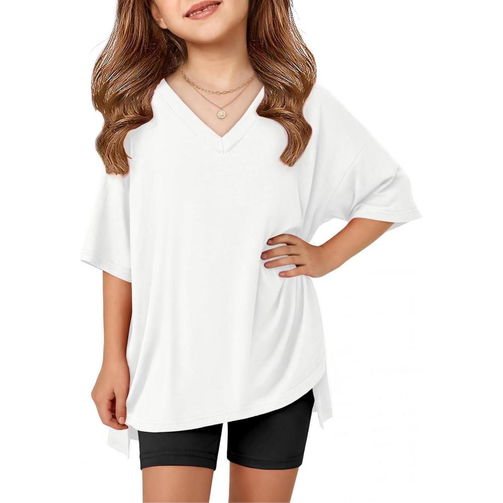 image:imageArshiner Girls Summer Outfits 2 Piece Sets Oversized V Neck Side Split Shirts and Biker Shorts Athletic Sets Workout OutfitsWhite  Black