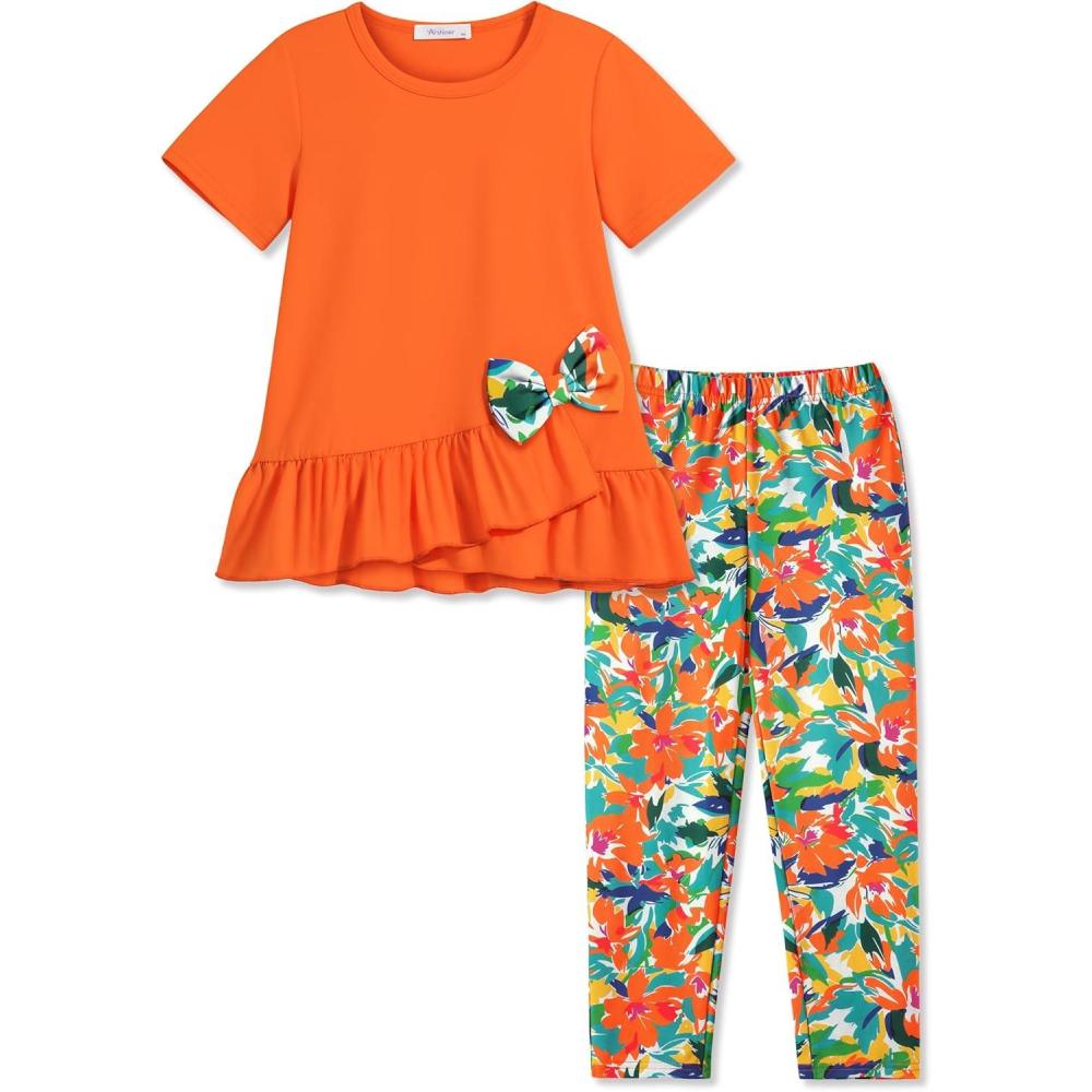 image:imageArshiner Toddler Girl Clothes Summer 2 Piece Outfits Ruffle Hem Short Sleeve Top and Printed Leggings Kids Clothing SetsOrange Floral