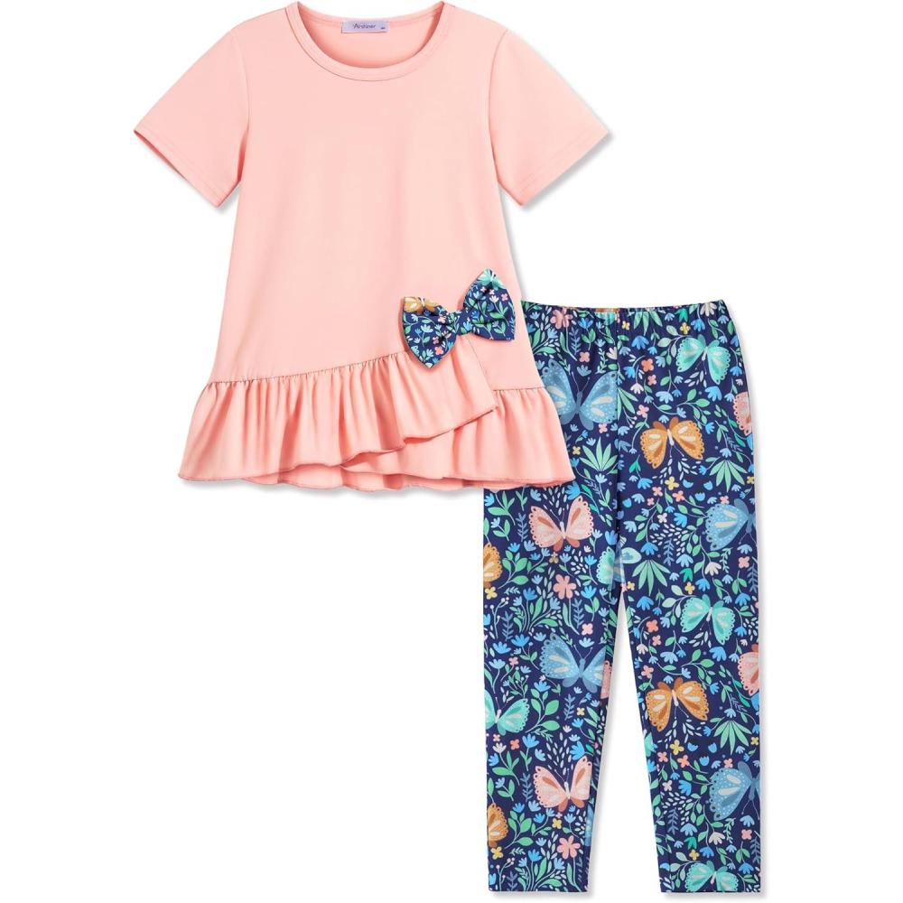 image:imageArshiner Toddler Girl Clothes Summer 2 Piece Outfits Ruffle Hem Short Sleeve Top and Printed Leggings Kids Clothing SetsPeach Butterfly