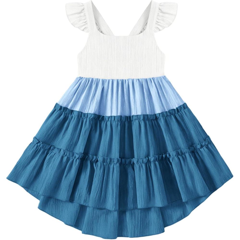 image:imageArshiner Toddler Girls Dress Ruffle HighLow Hem Smocked Dresses Summer Beach Butterfly Sundress with PocketBlue Color Block