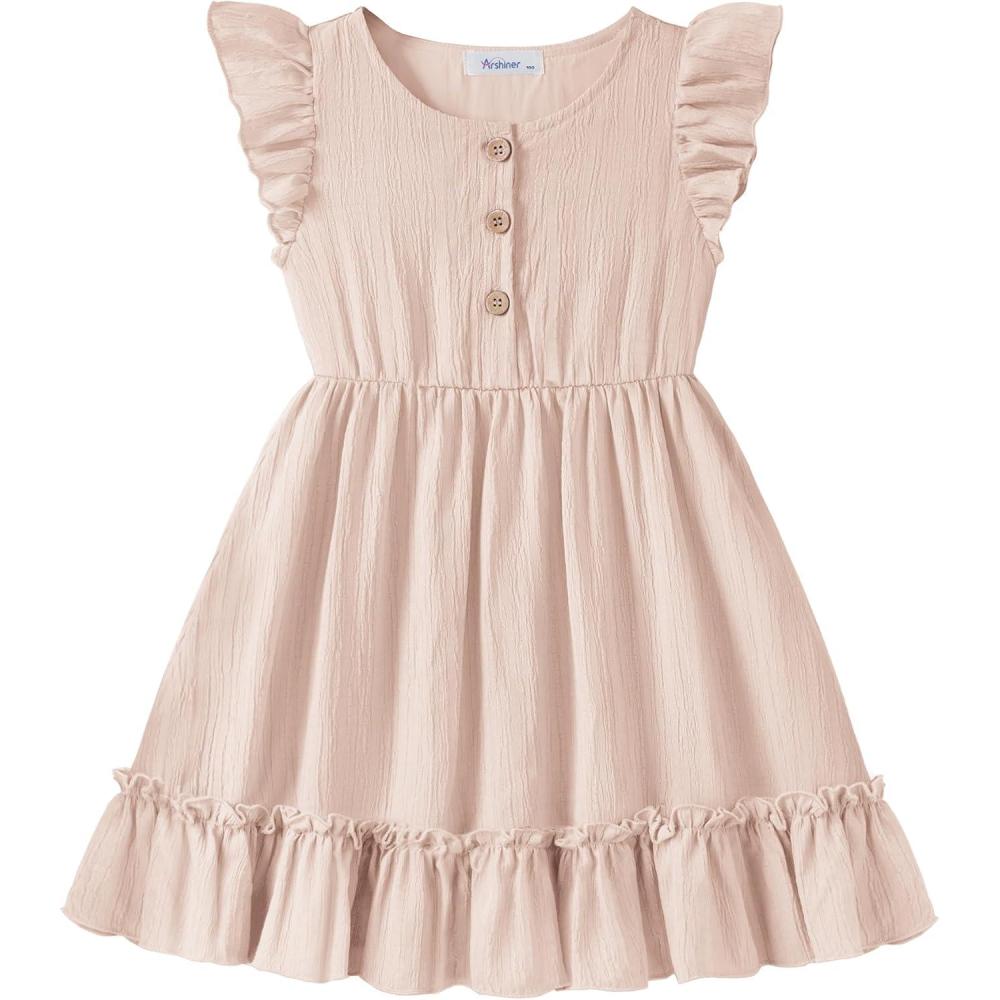 image:imageArshiner Toddler Girls Dress Ruffle Sleeveless Button Down Dresses Summer Beach Casual Sundress with Pocket for 17YBeige