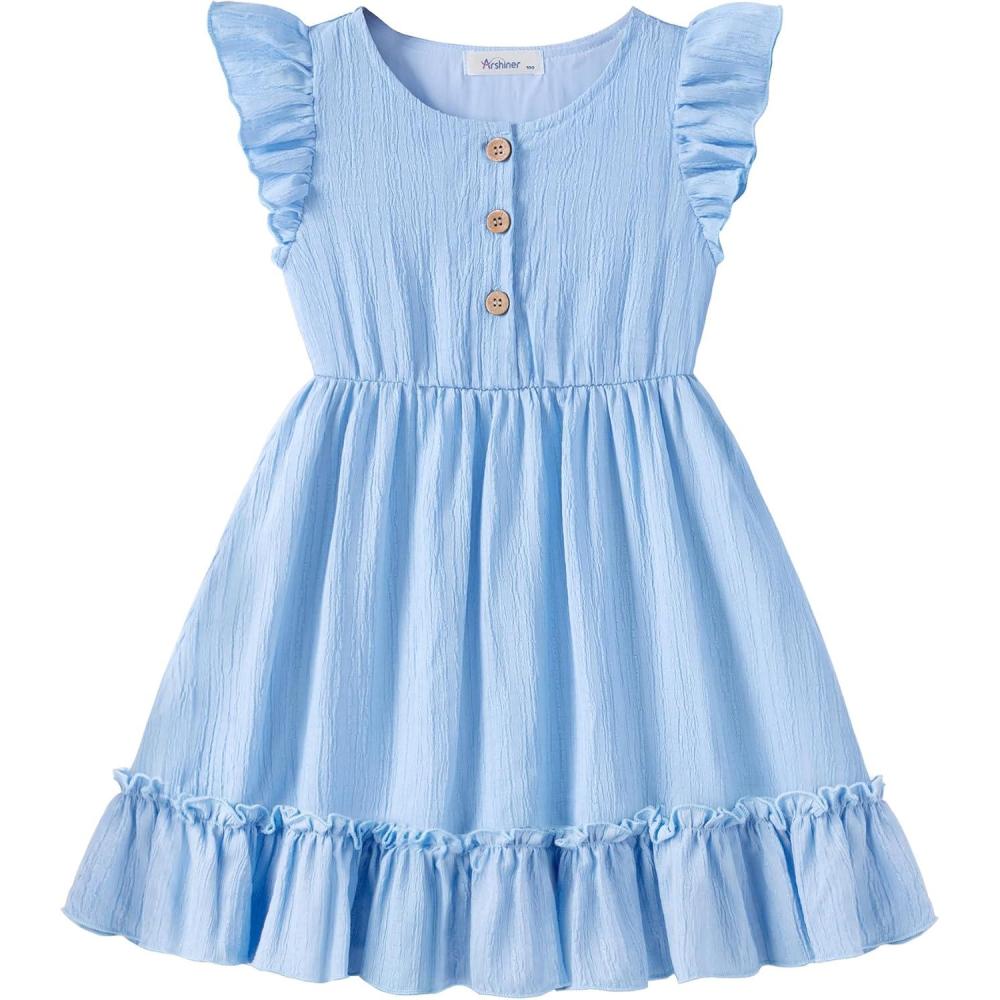 image:imageArshiner Toddler Girls Dress Ruffle Sleeveless Button Down Dresses Summer Beach Casual Sundress with Pocket for 17YBlue