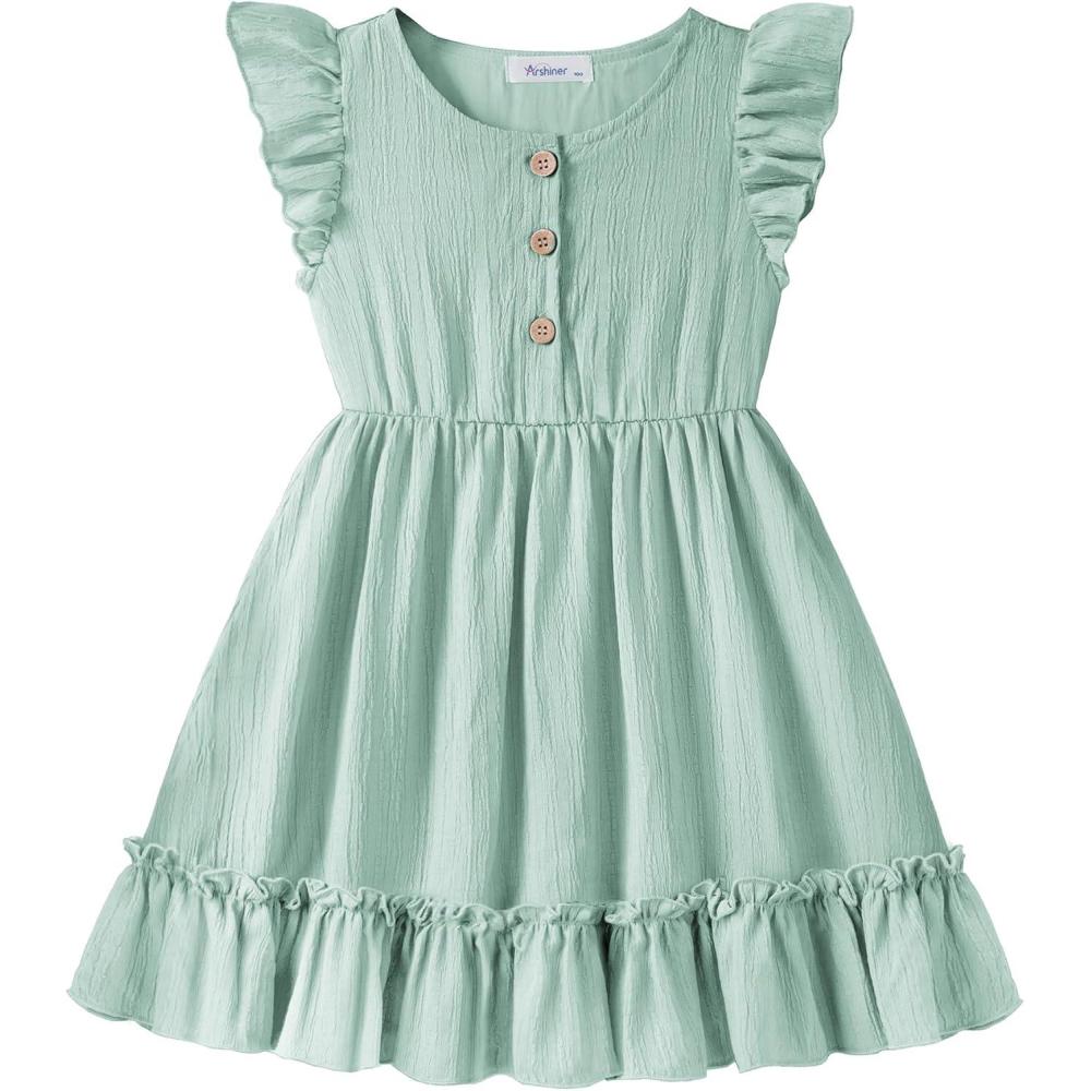 image:imageArshiner Toddler Girls Dress Ruffle Sleeveless Button Down Dresses Summer Beach Casual Sundress with Pocket for 17YGreen