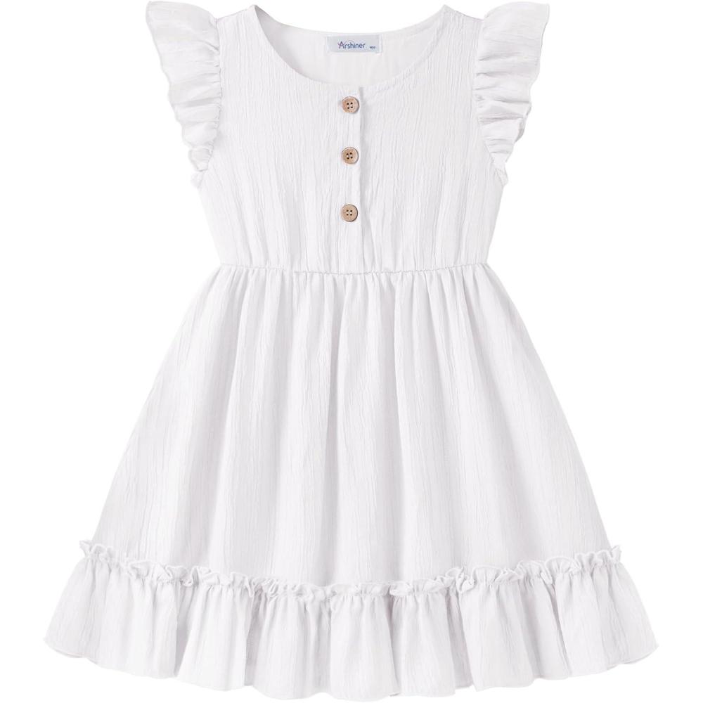 image:imageArshiner Toddler Girls Dress Ruffle Sleeveless Button Down Dresses Summer Beach Casual Sundress with Pocket for 17YWhite