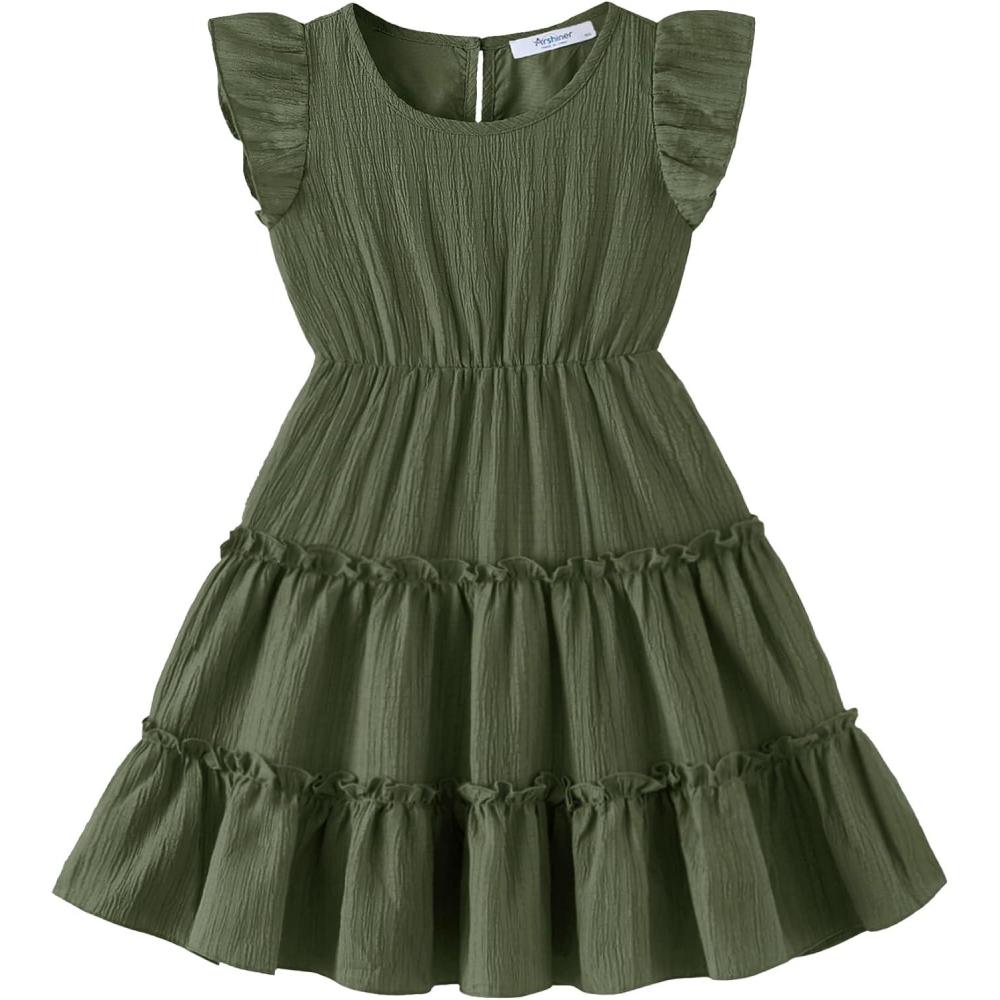 image:imageArshiner Toddler Girls Dress Ruffle Sleeveless Tiered Swing Twirly Dresses Cute Summer Beach Sundress with Pocket for 16TOlive Green