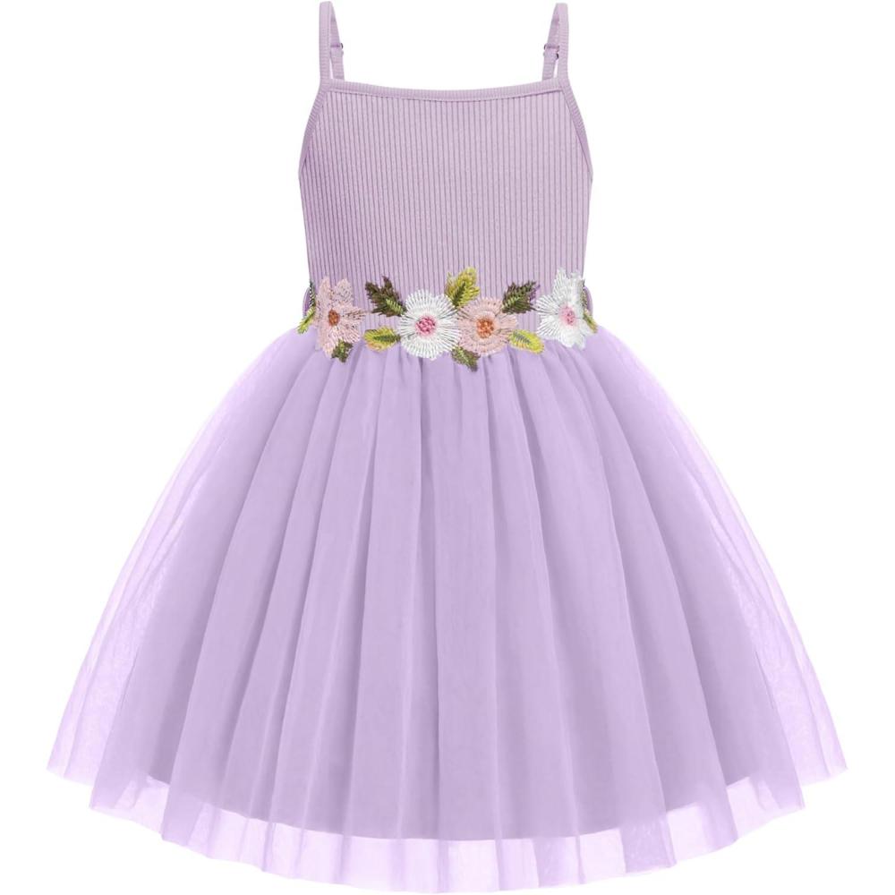 image:imageArshiner Toddler Tulle Dress Summer Spaghetti Strap Party Tutu Flower Girl Dresses with Belt 38YPurple