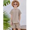 Arshiner Boy’s 2 Pieces Linen Sets Short Sleeve Henley Shirt and Shorts Summer Beach Matching Outfits 4-12 Years(Light Khaki)