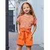 Arshiner Girls 2 Piece Outfit Summer Drop Shoulder Batwing Sleeve Tops and Paperbag Waist Shorts Set Cute Clothing Size 6-14(Orange-strips)