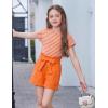 Arshiner Girls 2 Piece Outfit Summer Drop Shoulder Batwing Sleeve Tops and Paperbag Waist Shorts Set Cute Clothing Size 6-14(Orange-strips)