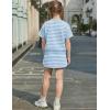 Arshiner Girls 2 Piece Outfits Summer Clothes Short Sleeve Drop Shoulder Shirt and Skirt with Built-in Shorts Athletic Sets(Blue Stripe)
