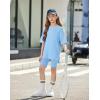 Arshiner Girls Summer Outfits 2 Piece Sets Oversized V Neck Side Split Shirts and Biker Shorts Athletic Sets Workout Outfits(Blue)