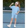 Arshiner Girls Summer Outfits 2 Piece Sets Oversized V Neck Side Split Shirts and Biker Shorts Athletic Sets Workout Outfits(Blue)