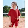 Arshiner Girls Summer Outfits 2 Piece Sets Oversized V Neck Side Split Shirts and Biker Shorts Athletic Sets Workout Outfits(Red)