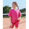 Arshiner Girls Summer Outfits 2 Piece Sets Oversized V Neck Side Split Shirts and Biker Shorts Athletic Sets Workout Outfits(Rose Red)