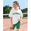Arshiner Girls Summer Outfits 2 Piece Sets Oversized V Neck Side Split Shirts and Biker Shorts Athletic Sets Workout Outfits(White & Green)