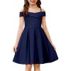 Arshiner Girls Summer Dress Off Shoulder Fold Pleated Formal Elegant A-Line Party Dresses with Pocket(Navy Blue)