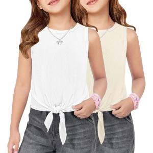Arshiner 2 Pack Girls Tank Tops Summer Tie Knot Ribbed Knit Sleeveless Crewneck Casual Shirts(Beige/White)