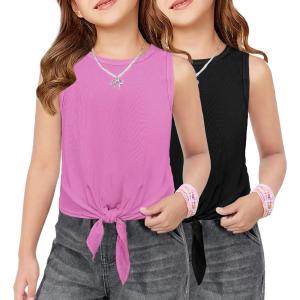 Arshiner 2 Pack Girls Tank Tops Summer Tie Knot Ribbed Knit Sleeveless Crewneck Casual Shirts(Black/Hot Pink)