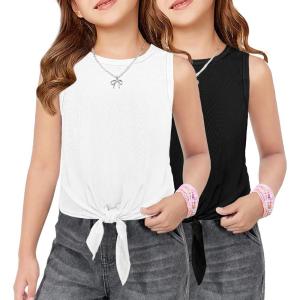 Arshiner 2 Pack Girls Tank Tops Summer Tie Knot Ribbed Knit Sleeveless Crewneck Casual Shirts(Black/White)