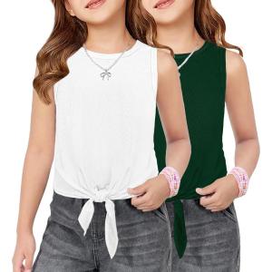Arshiner 2 Pack Girls Tank Tops Summer Tie Knot Ribbed Knit Sleeveless Crewneck Casual Shirts(White/Green)
