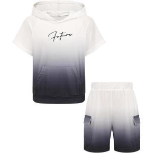 Arshiner Boys 2 Piece Summer Outfits Letter Graphic Colorblock Short Sleeve Hoodie and Short Sets whith Pockets 5-12 Years(Grey & White Ombre Print)
