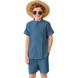 Arshiner Boy’s 2 Pieces Linen Sets Short Sleeve Henley Shirt and Shorts Summer Beach Matching Outfits 4-12 Years(Navy Blue)