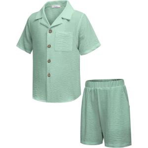 Arshiner Boys 2 Pieces Summer Beach Outfits Short Sleeve Button Down Shirts and Shorts Vacation Texture Sets for Kids(B-light Green)