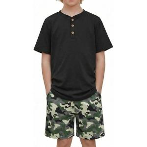 Arshiner Boys Summer Clothing Sets 3-button Short Sleeve Tee and Shorts Casual Outfits for 5-12 Years(Black & Jungle Camo)