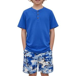 Arshiner Boys Summer Clothing Sets 3-button Short Sleeve Tee and Shorts Casual Outfits for 5-12 Years(Blue & Camouflage)