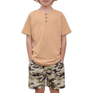 Arshiner Boys Summer Clothing Sets 3-button Short Sleeve Tee and Shorts Casual Outfits for 5-12 Years(Khaki & Desert Camo)
