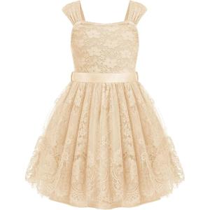Arshiner Flower Girl Dress A-Line Formal Lace Party Dresses for Wedding Communion Princess Holiday Sundress with Belt(Ivory)