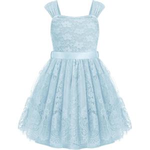 Arshiner Flower Girl Dress A-Line Formal Lace Party Dresses for Wedding Communion Princess Holiday Sundress with Belt(Light Blue)