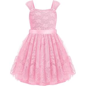 Arshiner Flower Girl Dress A-Line Formal Lace Party Dresses for Wedding Communion Princess Holiday Sundress with Belt(Pink)