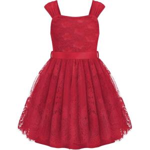 Arshiner Flower Girl Dress A-Line Formal Lace Party Dresses for Wedding Communion Princess Holiday Sundress with Belt(Red)