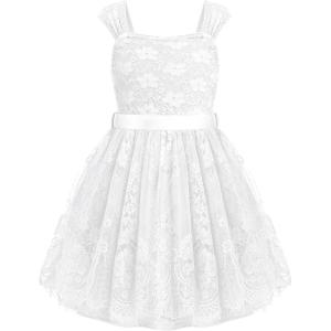 Arshiner Flower Girl Dress A-Line Formal Lace Party Dresses for Wedding Communion Princess Holiday Sundress with Belt(White)