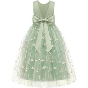 Arshiner Flower Girl Dress V-Back Bowknot Formal Pageant Ball Gown Wedding Party Long Tulle Dresses(Sage Green Floral)