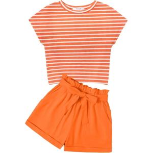 Arshiner Girls 2 Piece Outfit Summer Drop Shoulder Batwing Sleeve Tops and Paperbag Waist Shorts Set Cute Clothing Size 6-14(Orange-strips)