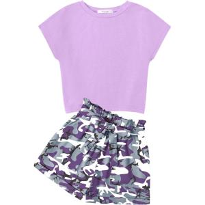 Arshiner Girls 2 Piece Outfit Summer Drop Shoulder Batwing Sleeve Tops and Paperbag Waist Shorts Set Cute Clothing Size 6-14(Purple-camouflage)