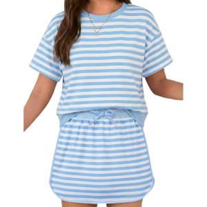 Arshiner Girls 2 Piece Outfits Summer Clothes Short Sleeve Drop Shoulder Shirt and Skirt with Built-in Shorts Athletic Sets(Blue Stripe)