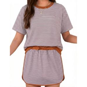 Arshiner Girls 2 Piece Outfits Summer Clothes Short Sleeve Drop Shoulder Shirt and Skirt with Built-in Shorts Athletic Sets(Brown Stripe)