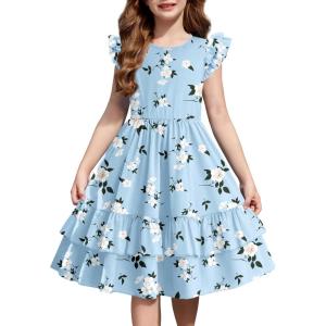 Arshiner Girls Dress Tween Boho Flutter Sleeve Tiered A Line Summer Dresses with Pockets(Blue White Flower)